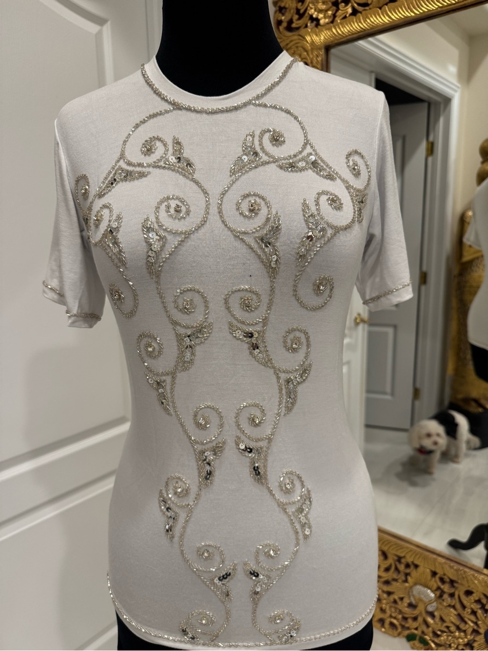Embellished White hand beaded Scroll design stretch fabric Attitudes by Debra